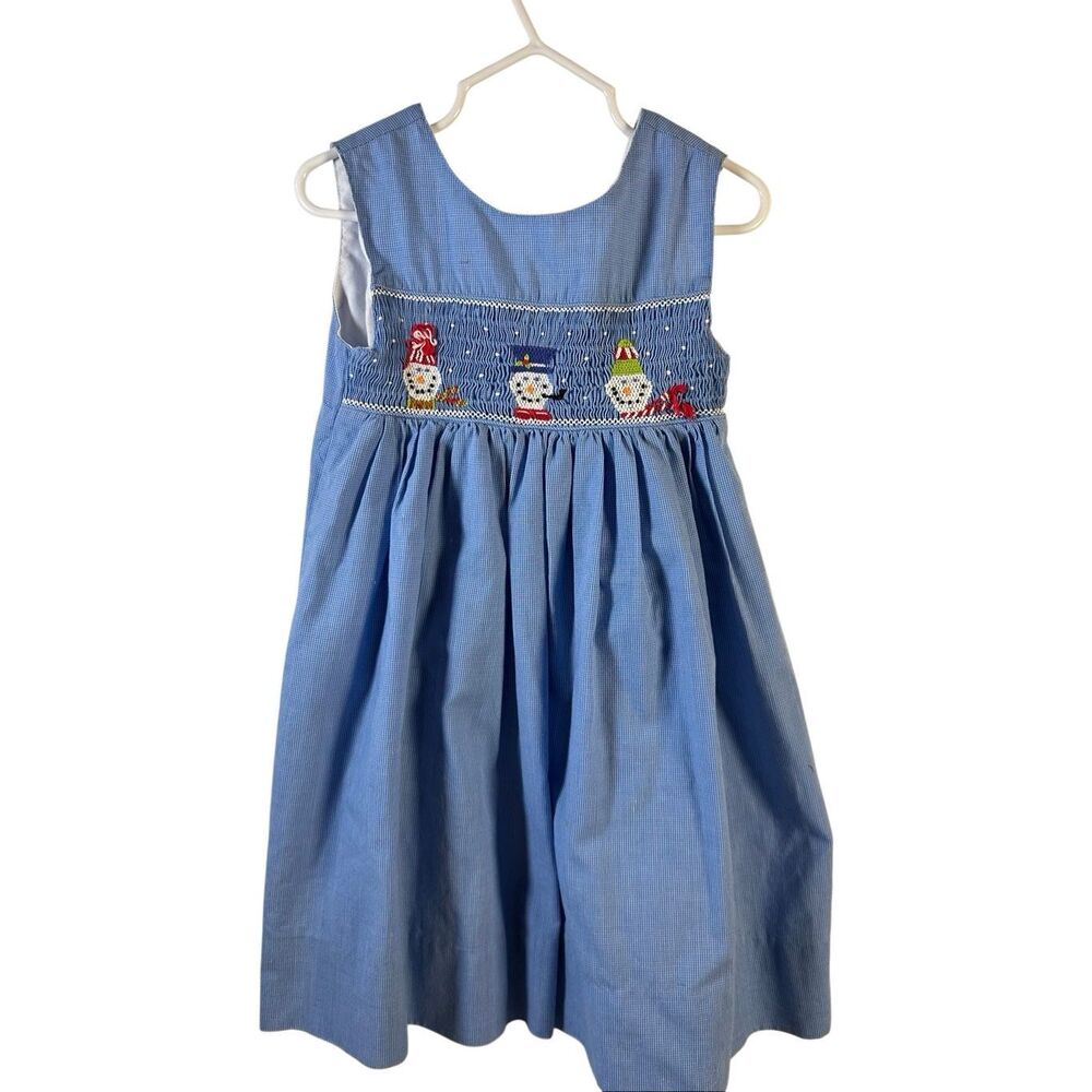 Little girls‎ 3t blue Snowman Blue Gingham smocked dress Hong Kong VTG